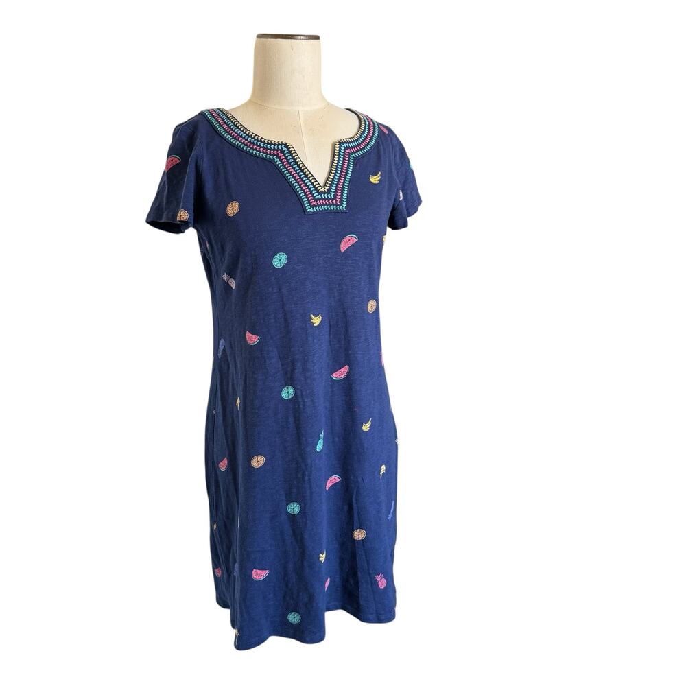 Talbots Dress Womens S PETITE Navy Blue Knit Summer Fruit Coastal Knee Length